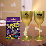 Mr & Mrs Wine Glass + Uno Flip Cards – Unique Gift Set