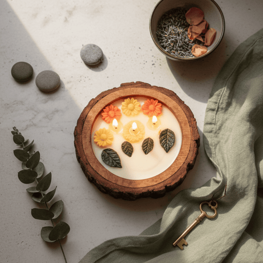 Luxury Flower Candle Gift in Wooden Bowl Gifts for Her